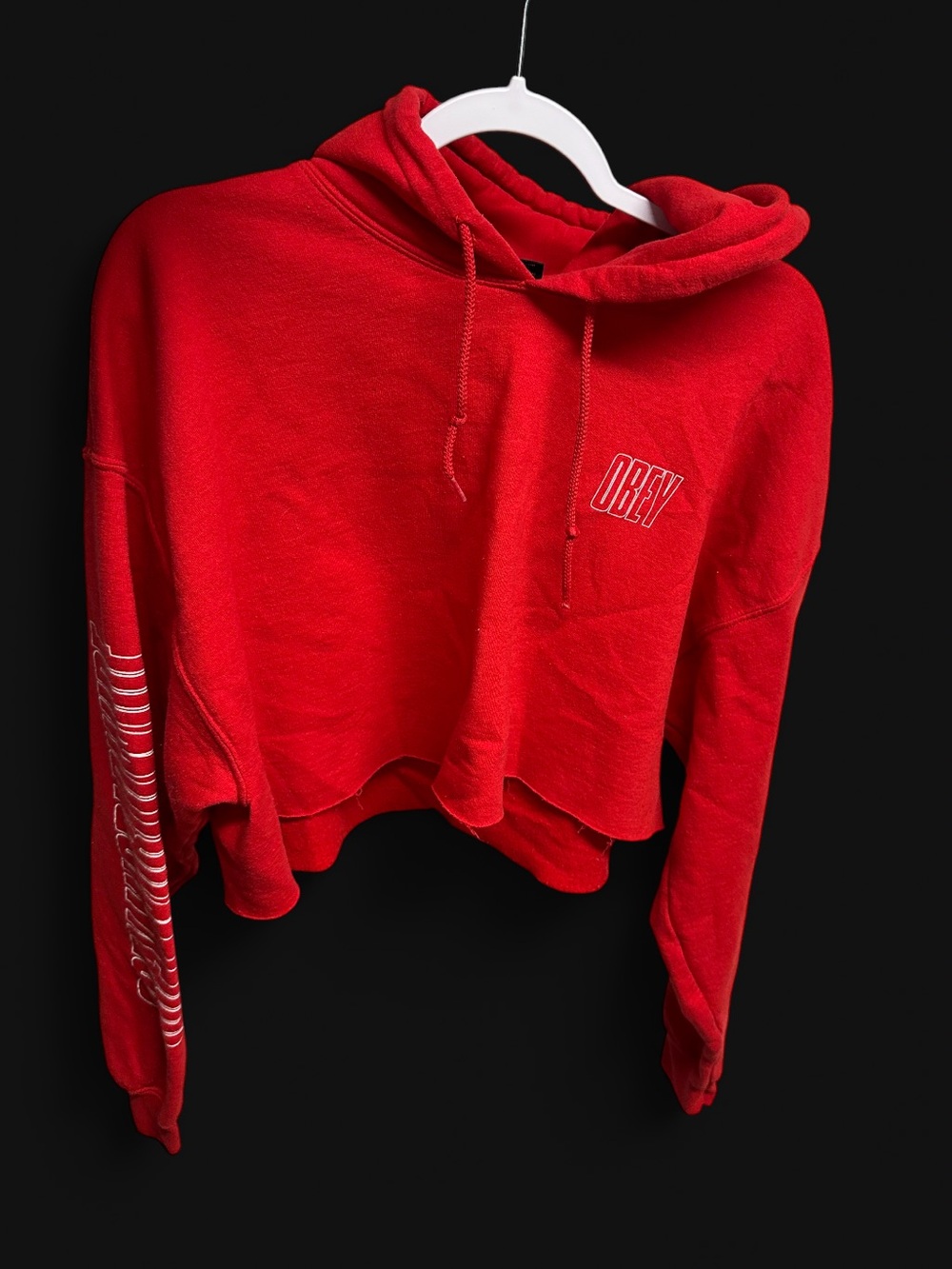 Obey Red Cropped Hoodie with Sleeve Graphic